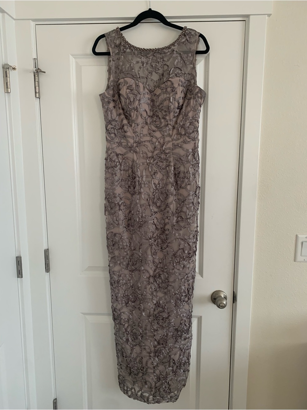 SLNY Taupe Beaded Lace Maxi Dress